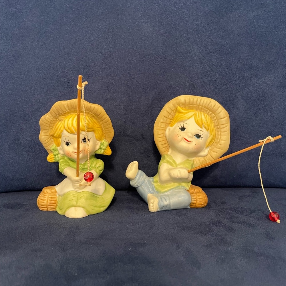 Vintage Ceramic Boy and Girl Fishing Figurine Set - Yellow & Green Porcelain